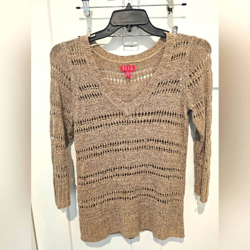 Elle Pullover Sweater Women Size M NWT Taupe V-neck Open Knit Shimmer Layering